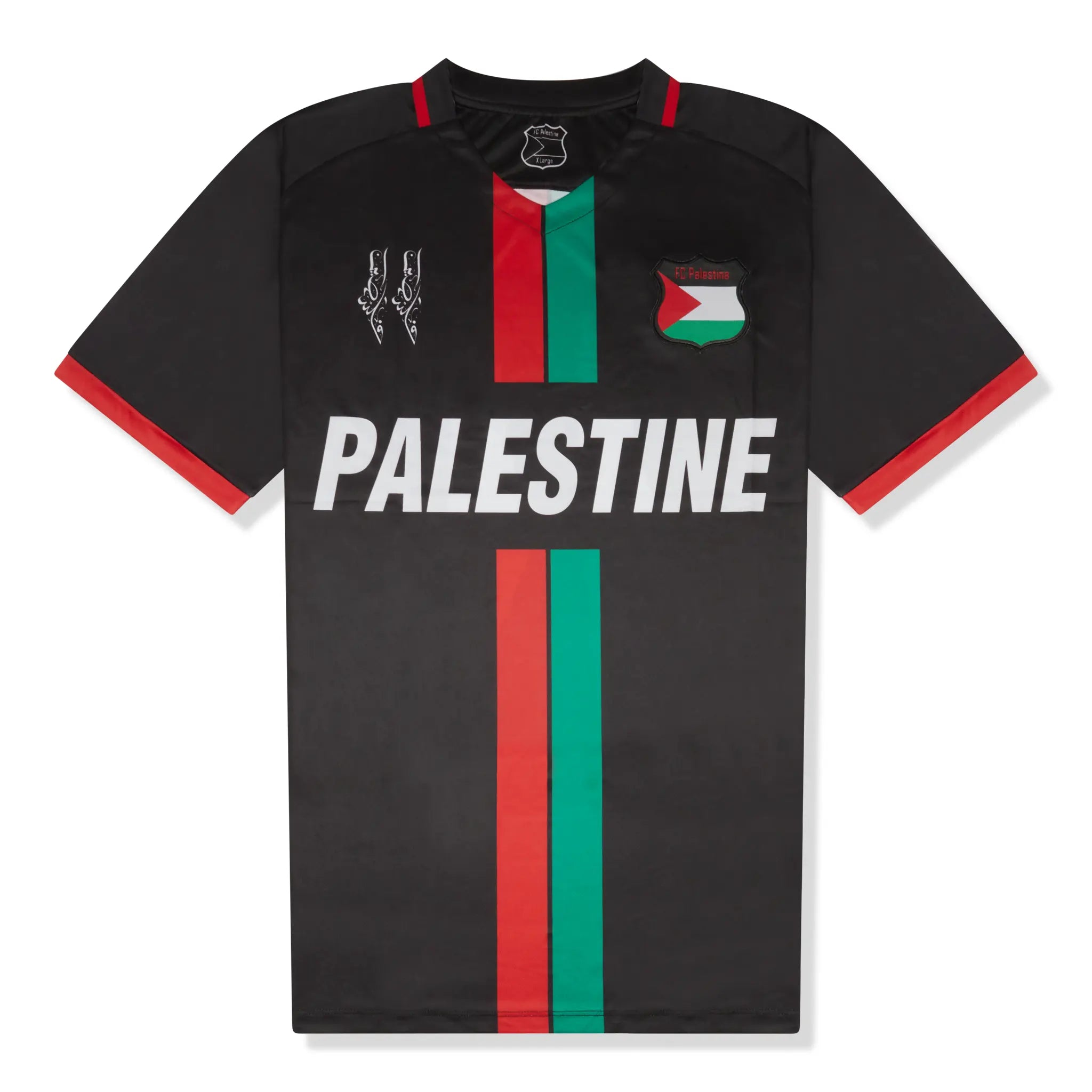 Front View of FC Palestina Palestine Red Green Stripe English Black Football T Shirt